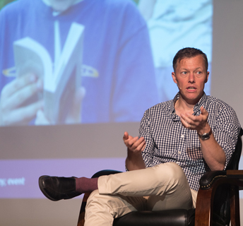 Matthew Desmond speaks in East Lansing.